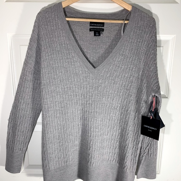 Cynthia Rowley Women Knit 100% Fine Merino Wool Sweater Tan Long Sleeves V Neck - Picture 6 of 9